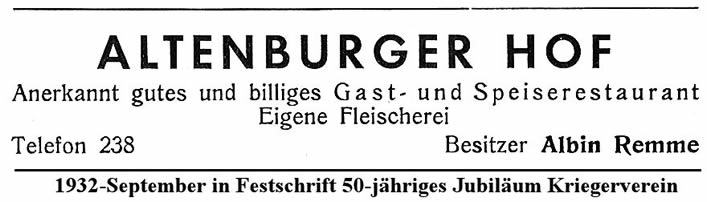 Am Sonnabend, dem 3. September und Sonntag, dem 4. September 1932, fand in Hermsdorf und Klosterlausnitz die „ 50 jährige Jubelfeier des Landes - Kriegerverband Sachsen - Altenburg 1832 bis 1932“ statt. In der Gaststätte „Altenburger Hof“ wurde die Deligation aus Langenleuba-Nierhain versorgt.